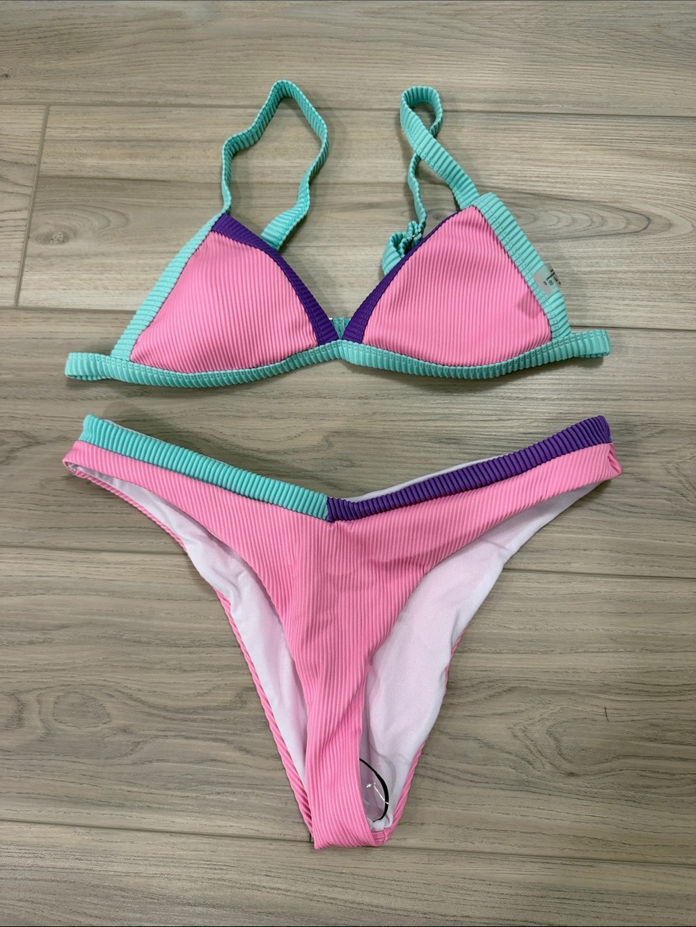 Pink Ribbed Bikini Set with Mint & Purple Trim